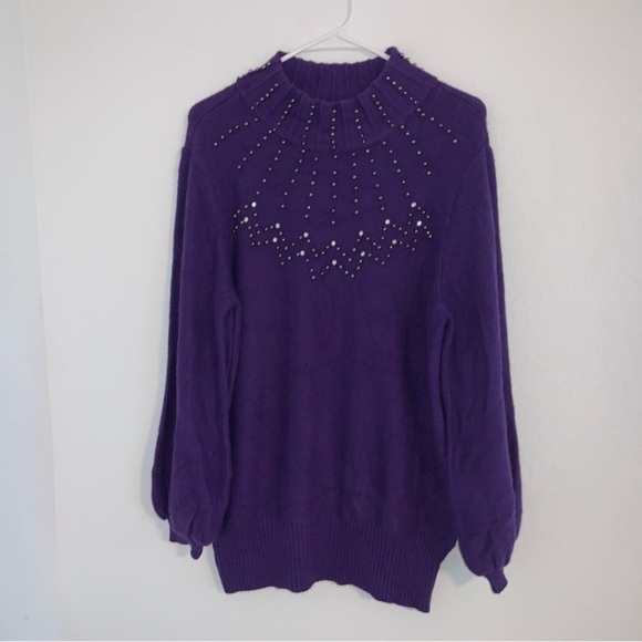Alfani Embellished Knit Mock Turtleneck Sweater Purple - Picture 6 of 12
